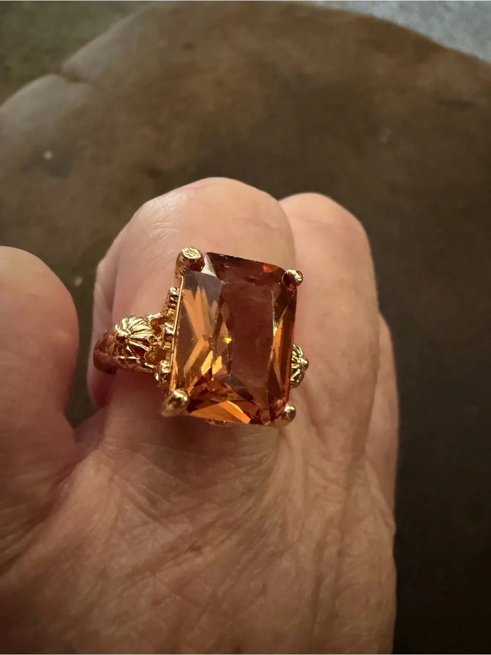 Gold-Plated Ring with Rectangular Amber Stone - Elegant Women's Jewelry